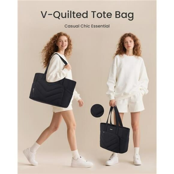 Womens Quilted Puffer Tote Bag Large Work Travel Nurse Bag with Zipper Pockets - Picture 3 of 7